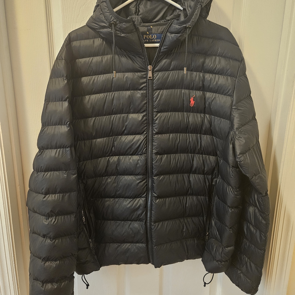 Ralph Lauren Men's Navy Blue Puffer Jacket with Red Logo